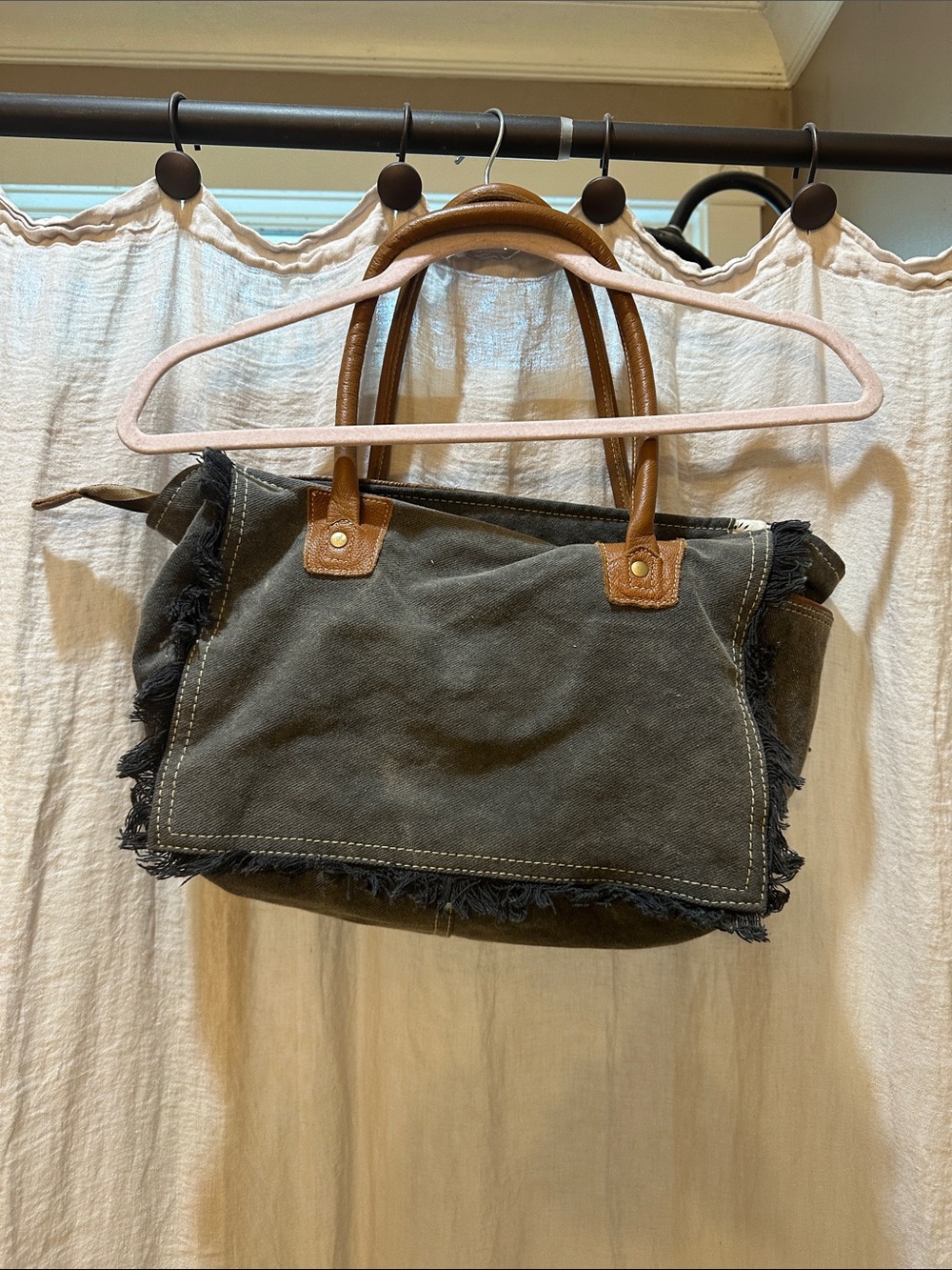 Myra Bag Brown & White Cowhide Tote with Embossed Leather Trim - Picture 2 of 3